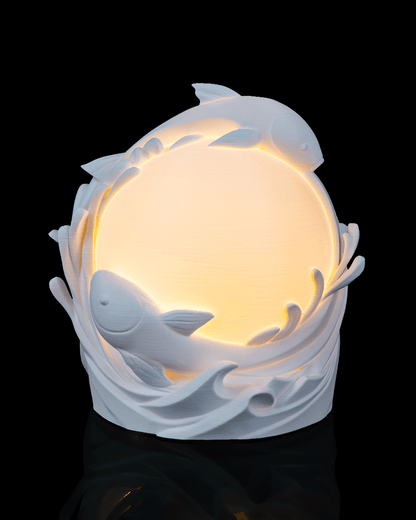 3D Printed Twin Fish Sphere - Table Lamp - Printed in PLA Plastic - RGB Color Changing Lighting - Remote control